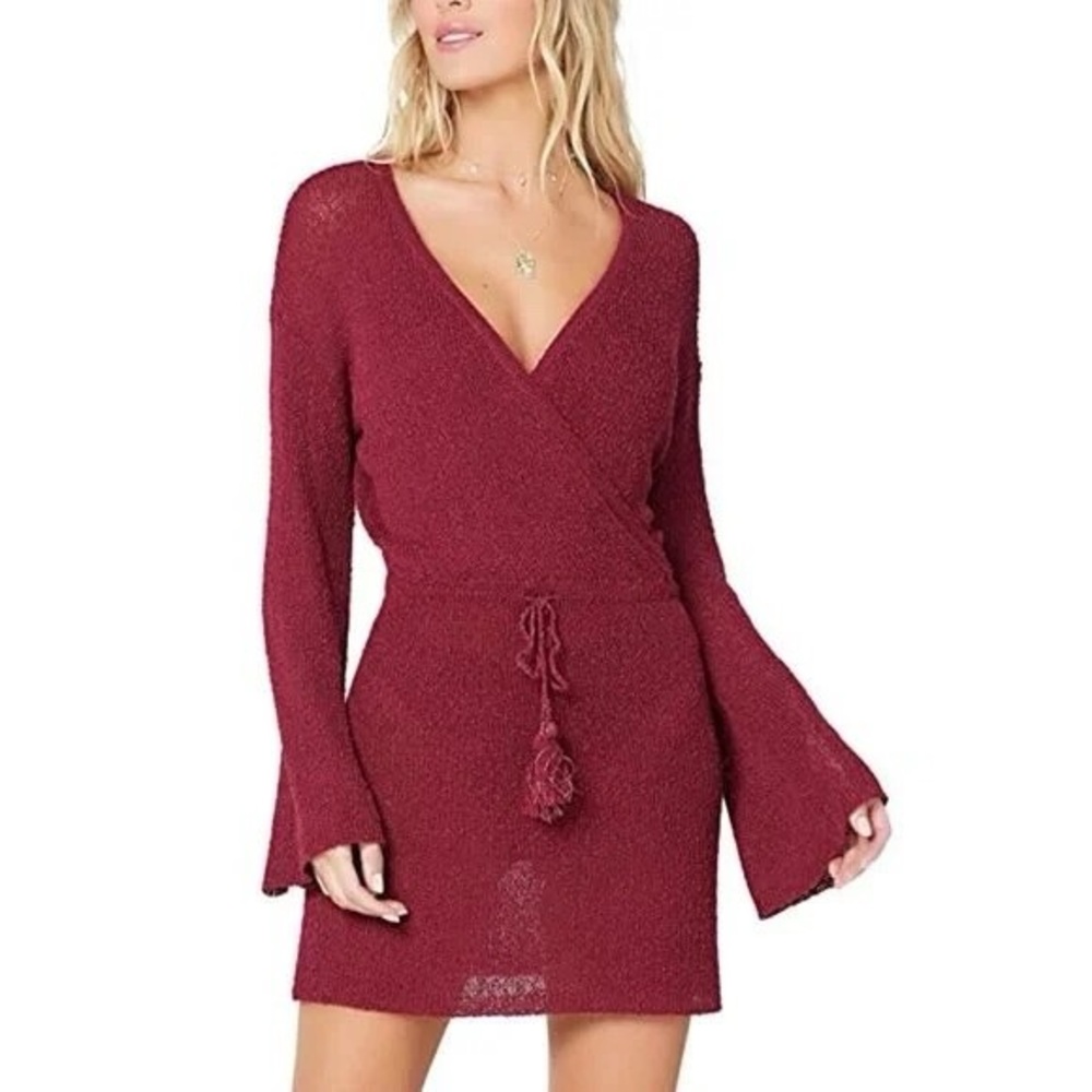l*space Wine Wrap Knit Swim Coverup with Tassel Tie